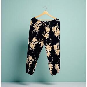 Black and Beige Floral Rayon Drawstring Harem Pants S M